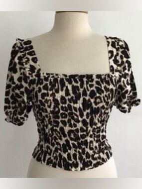 Monteau Leopard Smocked Puff Sleeve Top - Cream & Brown NWT